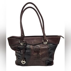 Brighton Croc Embossed Leather Handbag Satchel Braided Strap Heart‎ Charm